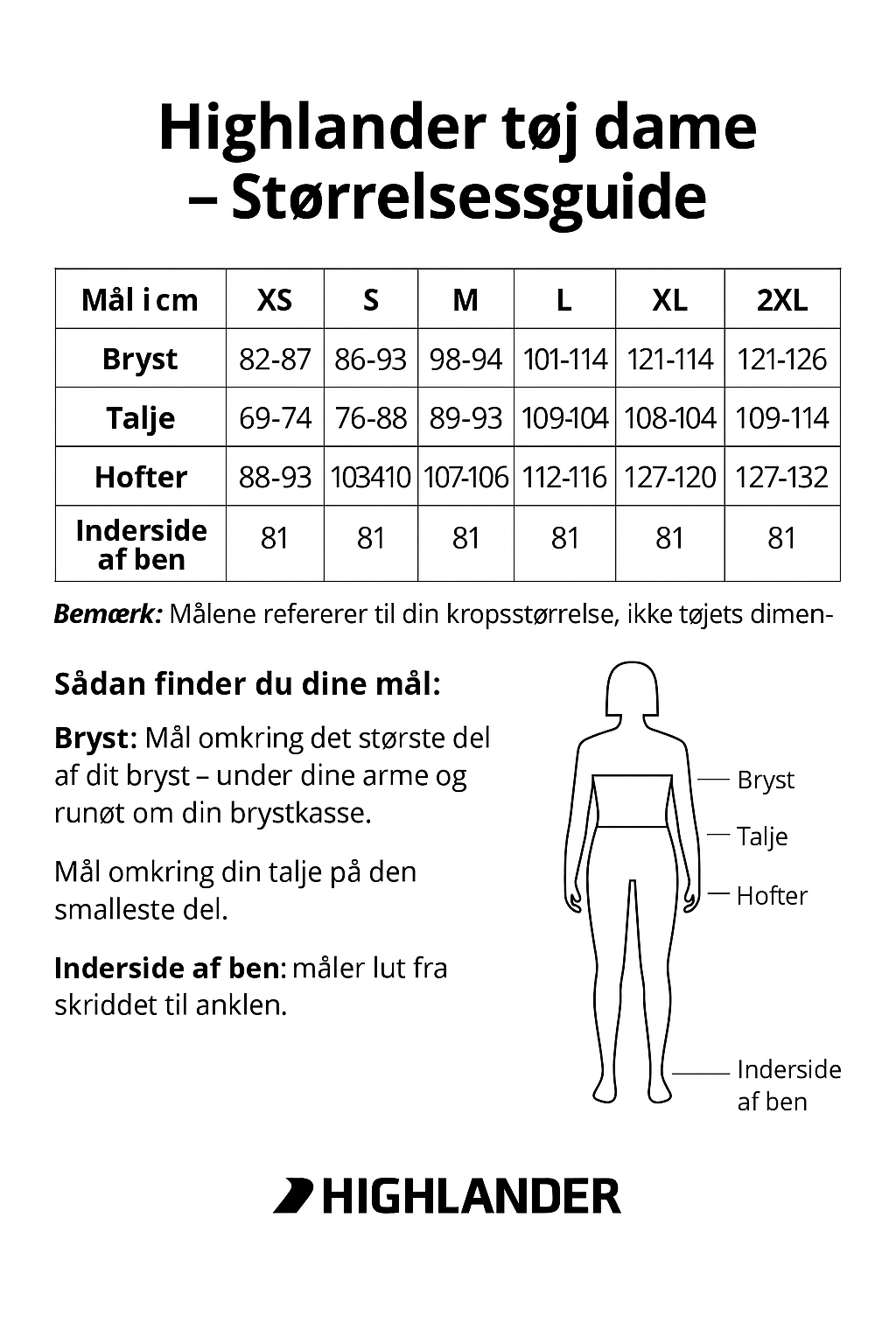Highlander Størrelsesguide for dametøj