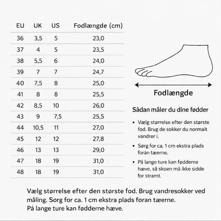 Størrelsesguide til sko og støvler