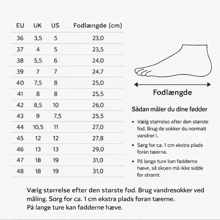 Størrelsesguide til sko og støvler